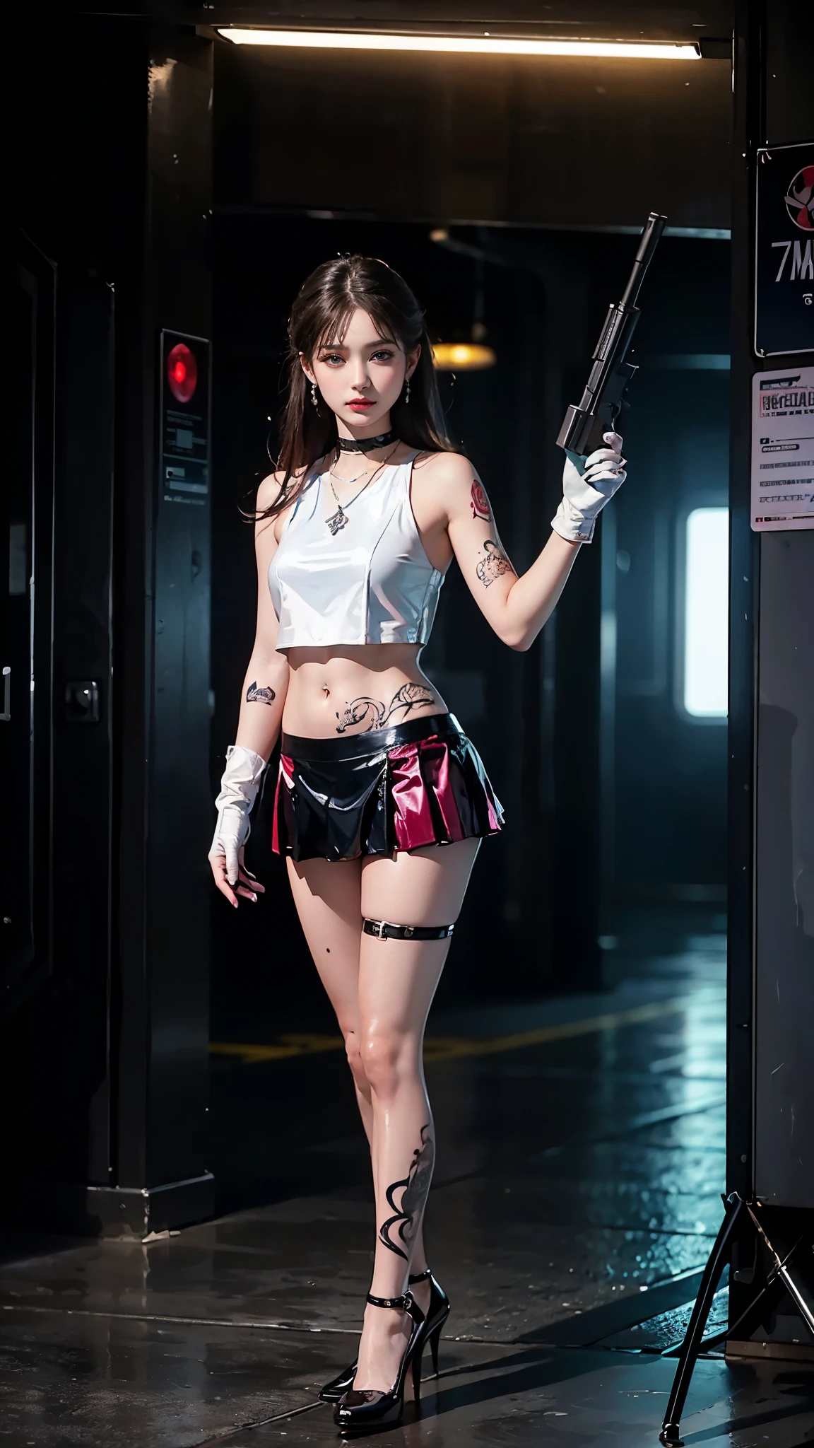 ((masterpiece:1.4)、(highest quality:1.4)、(realistic:1.7))、master piece:1.4、(Finest rendering:1.4)、(Female SWAT member of the 73rd Division of the Space Federation:1.4)、Super beautiful捜査官、(By Luis Royo:1.4)、(hold a gun:1.2)、Body Fit ???? Uniform、(Luxurious shiny latex:1.4)、(Navy blue sleeveless uniform jacket)、(????????? White ???? Super Ultra ??????)、(Luxury Red Latex:1.4)、(Red pleated mini skirt:1.4)、22 years old、(cute tattoo:1.4)、(wearing white gloves)、cute girl、Super beautiful、sharp focus、portrait photography、(perfect female body:1.4)、perfect proportions、Upper body photography:1.4、beautiful face、Fearless look、beautiful eyes、narrow waist、beautiful feet、(long hair:1.2)、beautiful ???????、???????????:1.2、???? ????、(Standing facing the front:1.4)、Raw photo、red lips、red high heels:1.4、choker:1.4、necklace:1.4、earrings:1.4、1 screen display、Beautiful night view of Cyberpunk City:1.2