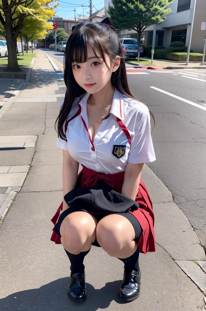 high quality、high resolution、masterpiece、Bright red sky、Beautiful crimson clouds in the background、Beautiful woman squatting on the edge of the wave with her legs spread, She has medium bob hair、Beautiful light brown hair color、Plump and large breasts、Narrow waist、White blouse、Wear a pleated skirt、Shoes are loafers、Black socks、
Thong、
She is posing for a photo shoot, Looking into the camera、Shooting from below、