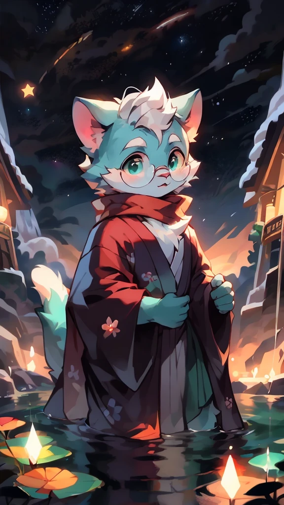a portrait of a old, fully grown mature and aged  male cat with big round circle glasses and a red scarf, The cat is very tall. bushy tail, and perked-up fluffy big ears, one ear is lowered. He is fully clothed, he wears a fluffy warm and cozy kimono, a handsome cat fursona with teal fur color, the chest has white fur, white fur around his mouth and cheeks, medium-length white hair, fluffy black cat ears, and a fluffy white neck.  He is standinf on water, He is looking up at the colorful starry sky, there are shooting stars, and in the background  an incredibly detailed background, detailed eyes