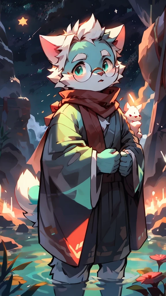 a portrait of a old, fully grown mature and aged male cat with big round circle glasses and a red scarf, The cat is very tall. bushy tail, and perked-up fluffy big ears, one ear is lowered. He is fully clothed, he wears a fluffy warm and cozy kimono, a handsome cat fursona with teal fur color, the chest has white fur, white fur around his mouth and cheeks, medium-length white hair, fluffy black cat ears, and a fluffy white neck. He is standinf on water, He is looking up at the colorful starry sky, there are shooting stars, and in the background an incredibly detailed background, detailed eyes