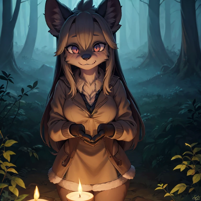 (by ozoneserpent:1.1, by Kenket:1.4, by the-minuscule-task:1.2, by zummeng:1.0):1.3, (anthro otter, woman, breasts, antrum, extremely detailed, extremely detailed legs, extremely detailed arms, extremely detailed face, perfectly detailed eyes, perfectly detailed anatomy):1.2, solo, perspective, adult, mature body, large body, curved thighs, gorgeous hips, curvature, (cute tail), (otter ears, otter fur, anthro face, anthropomorphic body, otter nose), smiling, mouth open, thick fur, dark brown fur, shiny fur coat, au natural, half-closed eyes, sly expression, looking slyly at you, chest focus, front perspective, front shot, sitting on stone, in the woods, being sly, beautiful grey eyes, outdoor setting, dark, Halloween, romantic setting, night time, fall time, smoke, moon rays filtered through trees, candles around body, candles in circle, painterly, vibrant colors, traditional style, depth of field,