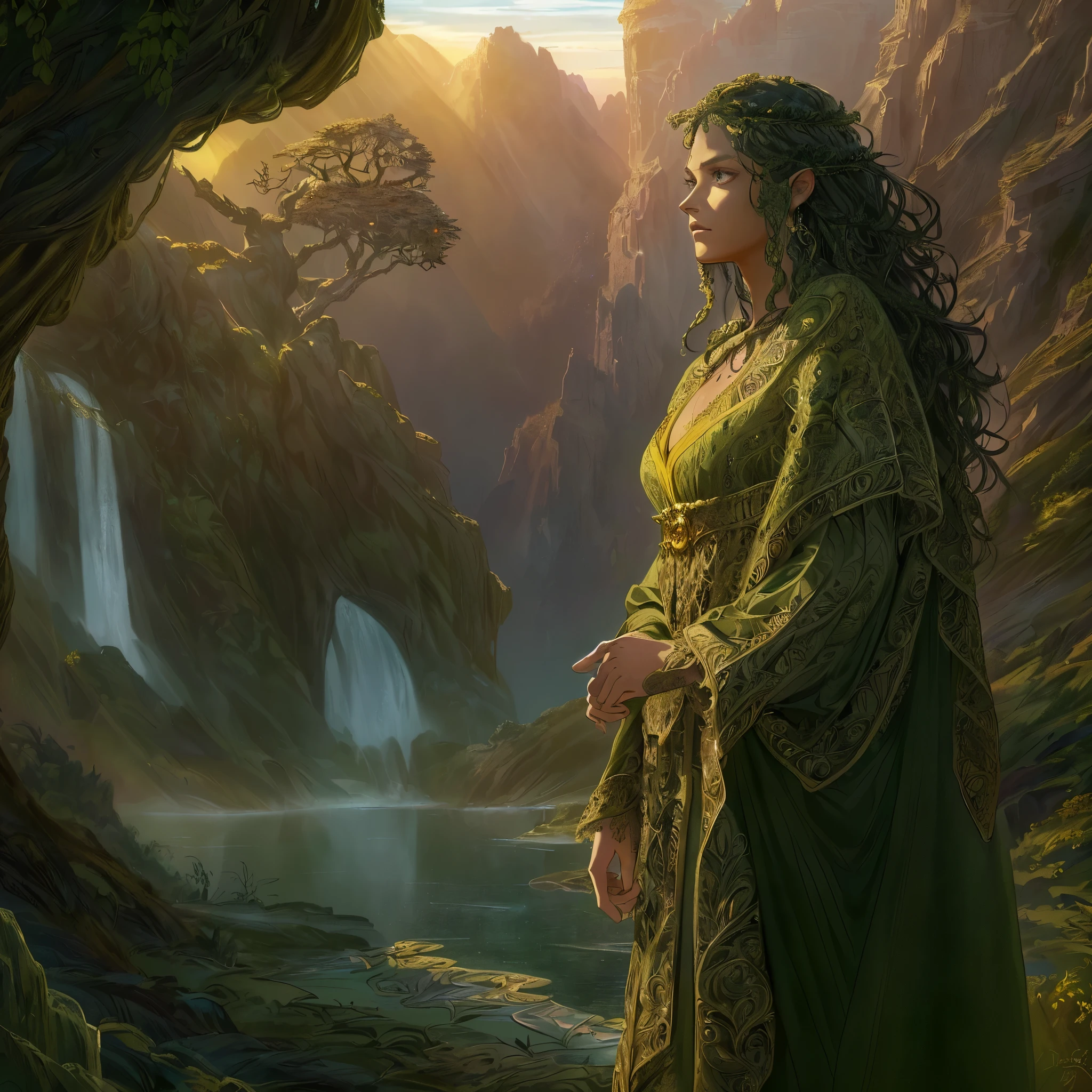 high details, Fantasy Poster, best quality, 8k, [ultra detailed], masterpiece, best quality, Photorealistic , dynamic angle, ultra wide shot, photorealistic, fantasy art, dnd art, rpg art, realistic art, an ultra wide picture of druid grove in a fantasy desert canyon and its druid warden observing all, a fantasy desert canyon (intricate details, Masterpiece, best quality: 1.5), (at sunset: 1.5), a stream of water (intricate details, Masterpiece, best quality: 1.5), waterfall (intricate details, Masterpiece, best quality: 1.5), human female druid, full body (intricate details, Masterpiece, best detailed: 1.5), exquisite beautiful woman druid (intricate details, Masterpiece, best detailed: 1.5), ultra detailed face (intricate details, Masterpiece, best detailed: 1.6), black hair, long hair, wavy hair (intricate details, Masterpiece, best quality: 1.5), dynamic eyes color, fair skin, wearing yellow cloak (intricate details, Masterpiece, best quality: 1.5), green robe (intricate details, Masterpiece, best quality: 1.5), cinematic light, pastoral atmosphere, divine light, gods rays, hyperrealistic, Photorealistic, 16k, RAW, award winning, [ultra detailed], masterpiece, best quality, (ultra detailed), full body, ultra wide shot, photorealistic