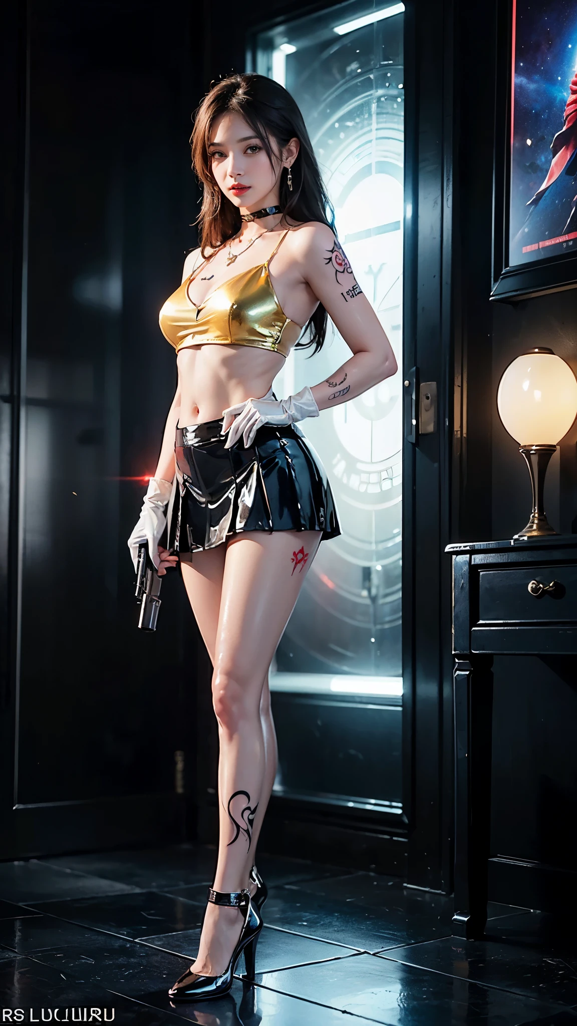 ((masterpiece:1.4)、(highest quality:1.4)、(realistic:1.7))、master piece:1.4、(Finest rendering:1.4)、(Female SWAT member of the 73rd Division of the Space Federation:1.4)、Super beautiful捜査官、(By Luis Royo:1.4)、(hold a gun:1.2)、Body Fit Sexy Uniform、(Luxurious shiny latex:1.4)、(Navy blue sleeveless uniform jacket)、(Underwear White Sexy Super Ultra Bikini)、(Luxury Red Latex:1.4)、(Red pleated mini skirt:1.4)、22 years old、(cute tattoo:1.4)、(wearing white gloves)、cute girl、Super beautiful、sharp focus、portrait photography、(perfect female body:1.4)、perfect proportions、Upper body photography:1.4、beautiful face、Fearless look、beautiful eyes、narrow waist、beautiful feet、(long hair:1.2)、beautiful breasts、big breasts:1.2、sexy butt、(Standing facing the front:1.4)、Raw photo、red lips、red high heels:1.4、choker:1.4、necklace:1.4、earrings:1.4、1 screen display、Beautiful night view of Cyberpunk City:1.2