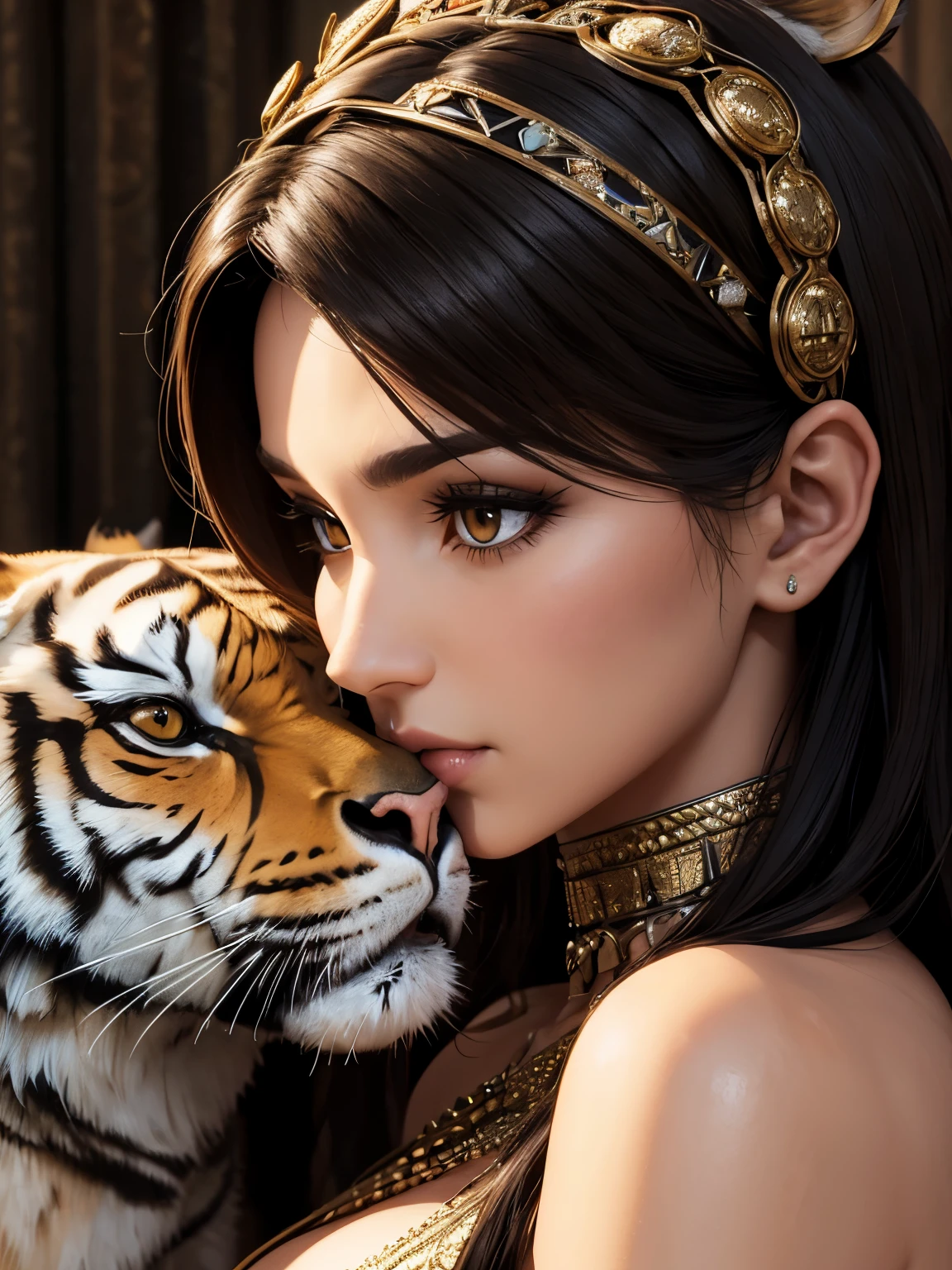 ((best quality)), (detailed), (3D), (headshot), (profile shot), (close up), beautiful middle eastern woman holding a tigers head to hers, HDR, 4K
