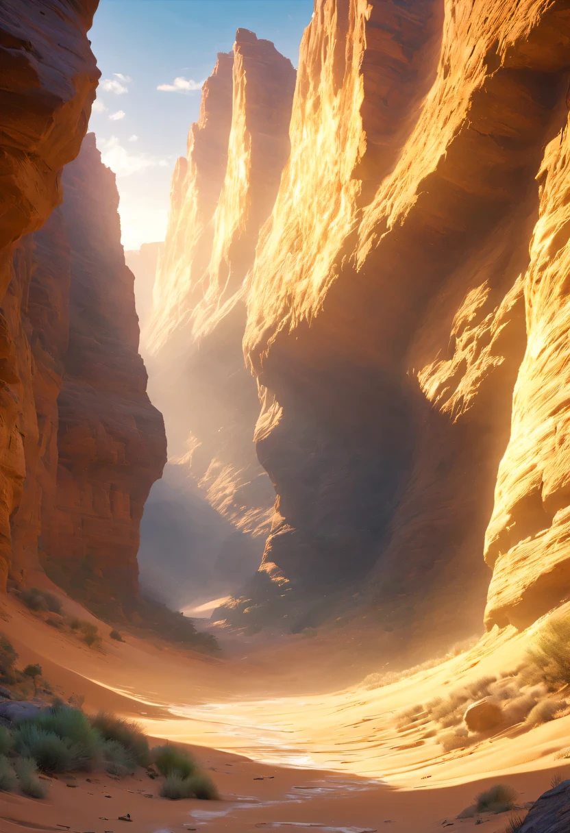 Narrow canyon in the middle of the desert at sunrise, in the style of photo realistic landscapes, Stone sculptures, cabin core, Stone, in the style of photo realistic landscapes, cabin core, rolling waves,decorative background, photo realistic landscapes, large canvas format, 32k ultra high definition, photo, The best qualities of imaginative landscapes,4k,8k,high resolution,masterpiece:1.2),Super detailed,(actual,realistically,realistically:1.37),