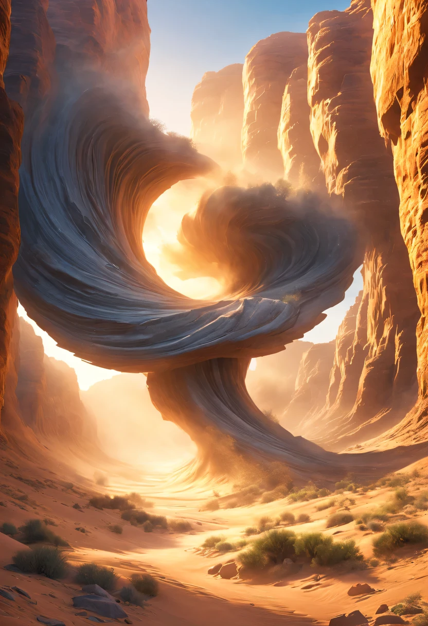 Narrow canyon in the middle of the desert at sunrise, in the style of photo realistic landscapes, Stone sculptures, cabin core, Stone, in the style of photo realistic landscapes, cabin core, rolling waves,decorative background, photo realistic landscapes, large canvas format, 32k ultra high definition, photo, The best qualities of imaginative landscapes,4K,8k,high resolution,masterpiece:1.2),Super detailed,(actual,realistically,realistically:1.37),