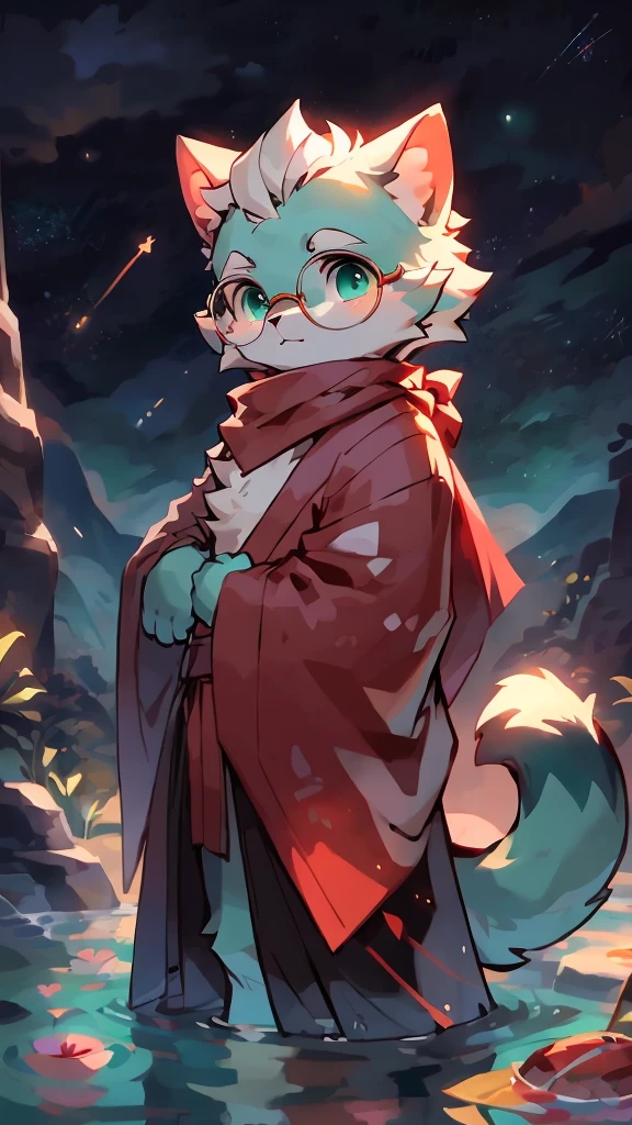 a portrait of a old, fully grown mature and aged male cat with big round circle glasses and a red scarf, The cat is very tall. bushy tail, and perked-up fluffy big ears, one ear is lowered. He is fully clothed, he wears a fluffy warm and cozy kimono, a handsome cat fursona with teal fur color, the chest has white fur, white fur around his mouth and cheeks, medium-length white hair, fluffy black cat ears, and a fluffy white neck. He is standinf on water, He is looking up at the colorful starry sky, there are shooting stars, and in the background an incredibly detailed background, detailed eyes