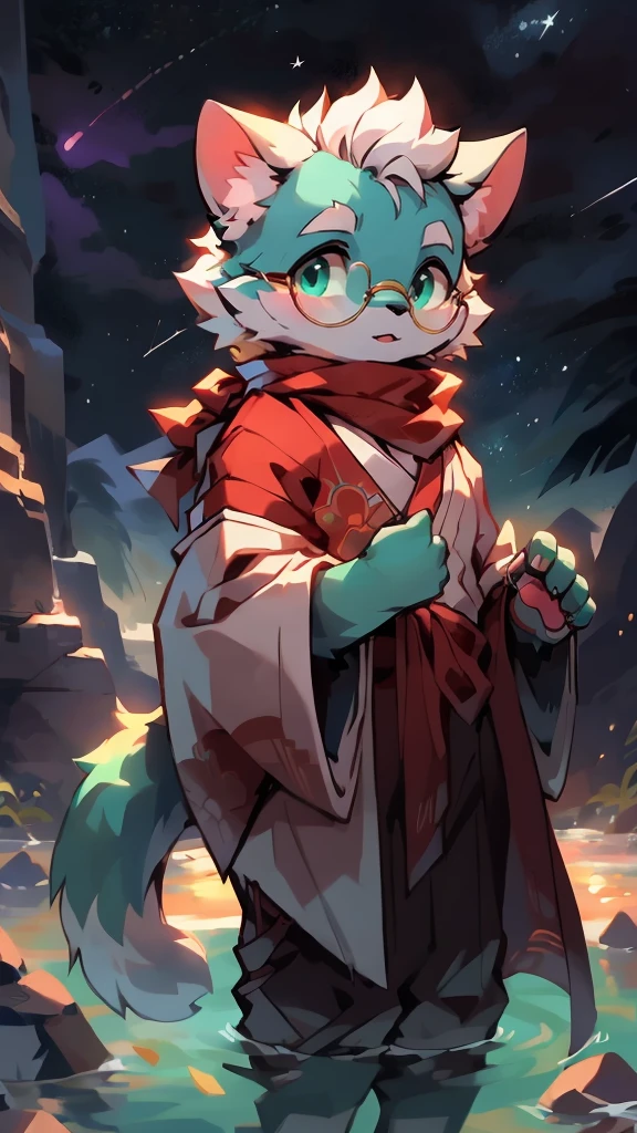 a portrait of a old, fully grown mature and aged  male cat with big round circle glasses and a red scarf, The cat is very tall. bushy tail, and perked-up fluffy big ears, one ear is lowered. He is fully clothed, he wears a fluffy warm and cozy kimono, a handsome cat fursona with teal fur color, the chest has white fur, white fur around his mouth and cheeks, medium-length white hair, fluffy black cat ears, and a fluffy white neck.  He is standinf on water, He is looking up at the colorful starry sky, there are shooting stars, and in the background  an incredibly detailed background, detailed eyes