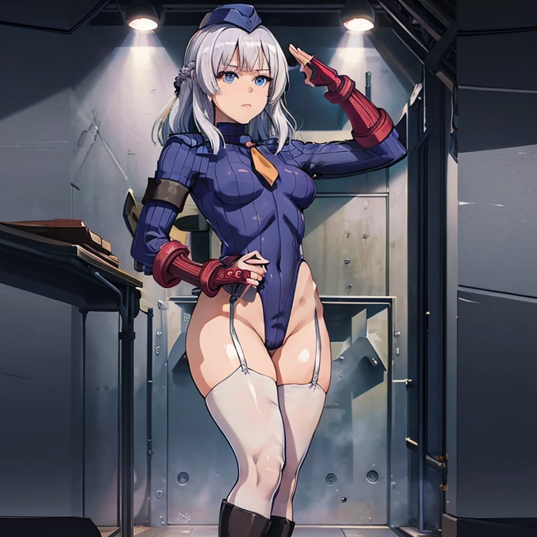ultra-detailed, Explicit, Beautiful body, Beautiful Nose, Beautiful character design, perfect eyes, perfect face, ultra highres, 4K, beautiful legs, perfect legs, perfect anatomy, Nice hands, Perfect hand, Masterpiece, Best Quality, Highly detailed, illustration, absurdres, street fighter, doll suit, shadaloo doll, dollsuit, expressionless, blank eyes, looking at viewer, red gloves, emotionless, black latex, corrution, mind control, female combatant, full body, hypnotized, unhappy trance, full body suit, ribbed bodysuit, both arms at side, obey, perfect female body, extremely glossy latex, hypnosis, hypnoLora, empty eyes, Mind control device, poses, submissive_pose, Slave, hat, necktie, stand up straight, standing, standing at attention, hat, necktie, belt, latex, ribbed bodysuit, thighhighs, garter belt, Fighting Stance, military, thigh boots, 1girl, solo, saluting, military, military saluting, nazi saluting, Sakayanagi Arisu, Classroom of the Elite, staff, white hair, blue eyes, medium hair, braids, hair ornaments