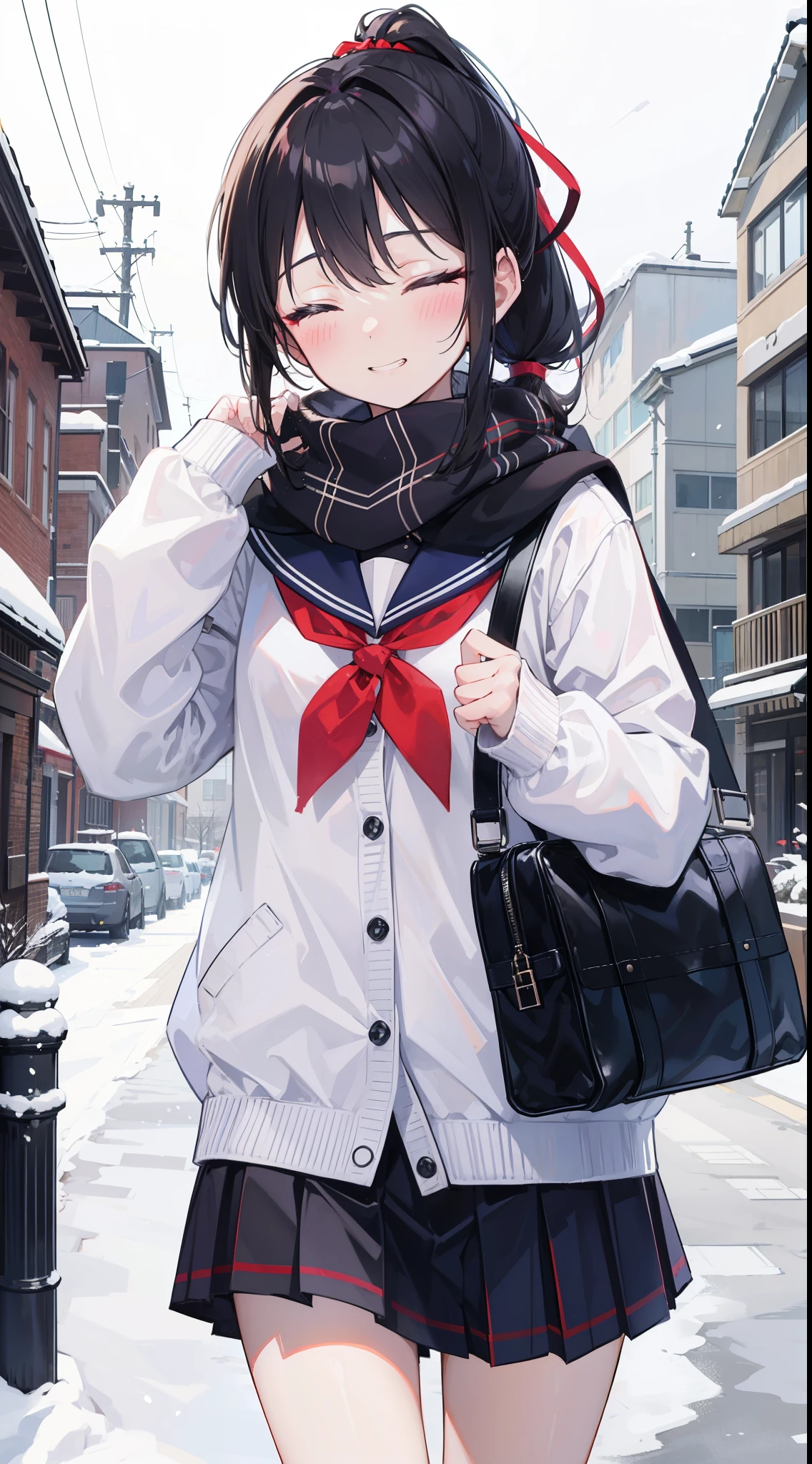 1girl, solo, blush, smile, bangs, skirt, shirt, black hair, long sleeves, ribbon, school uniform, closed eyes, hair ribbon, white shirt, ponytail, sidelocks, pleated skirt, outdoors, open clothes, teeth, serafuku, hand up, sailor collar, bag, scarf, grin, red ribbon, blue skirt, coat, neckerchief, sleeves past wrists, plaid, ^_^, cardigan, blue sailor collar, building, facing viewer, snow, black sailor collar, open coat, snowing, shoulder bag, black scarf, black neckerchief, winter, brown coat, plaid scarf,