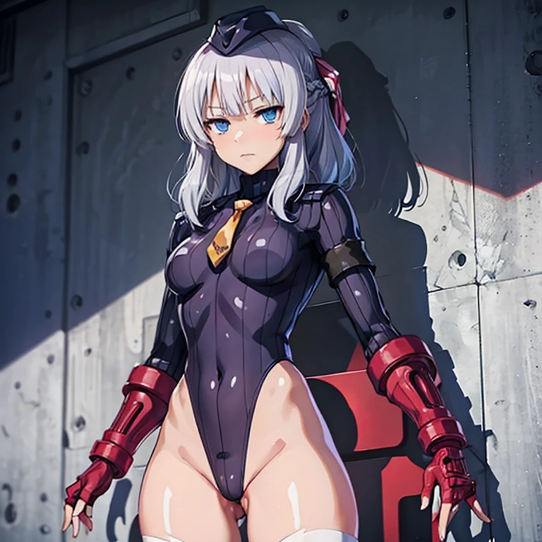 ultra-detailed, Explicit, Beautiful body, Beautiful Nose, Beautiful character design, perfect eyes, perfect face, ultra highres, 4K, beautiful legs, perfect legs, perfect anatomy, Nice hands, Perfect hand, Masterpiece, Best Quality, Highly detailed, illustration, absurdres, street fighter, doll suit, shadaloo doll, dollsuit, expressionless, blank eyes, looking at viewer, red gloves, emotionless, black latex, corrution, mind control, female combatant, full body, hypnotized, unhappy trance, full body suit, ribbed bodysuit, both arms at side, obey, perfect female body, extremely glossy latex, hypnosis, hypnoLora, empty eyes, Mind control device, poses, submissive_pose, Slave, hat, necktie, stand up straight, standing, standing at attention, hat, necktie, belt, latex, ribbed bodysuit, thighhighs, garter belt, Fighting Stance, military, thigh boots, 1girl, solo, saluting, military, military saluting, nazi saluting, Sakayanagi Arisu, Classroom of the Elite, staff, white hair, blue eyes, medium hair, braids, hair ornaments