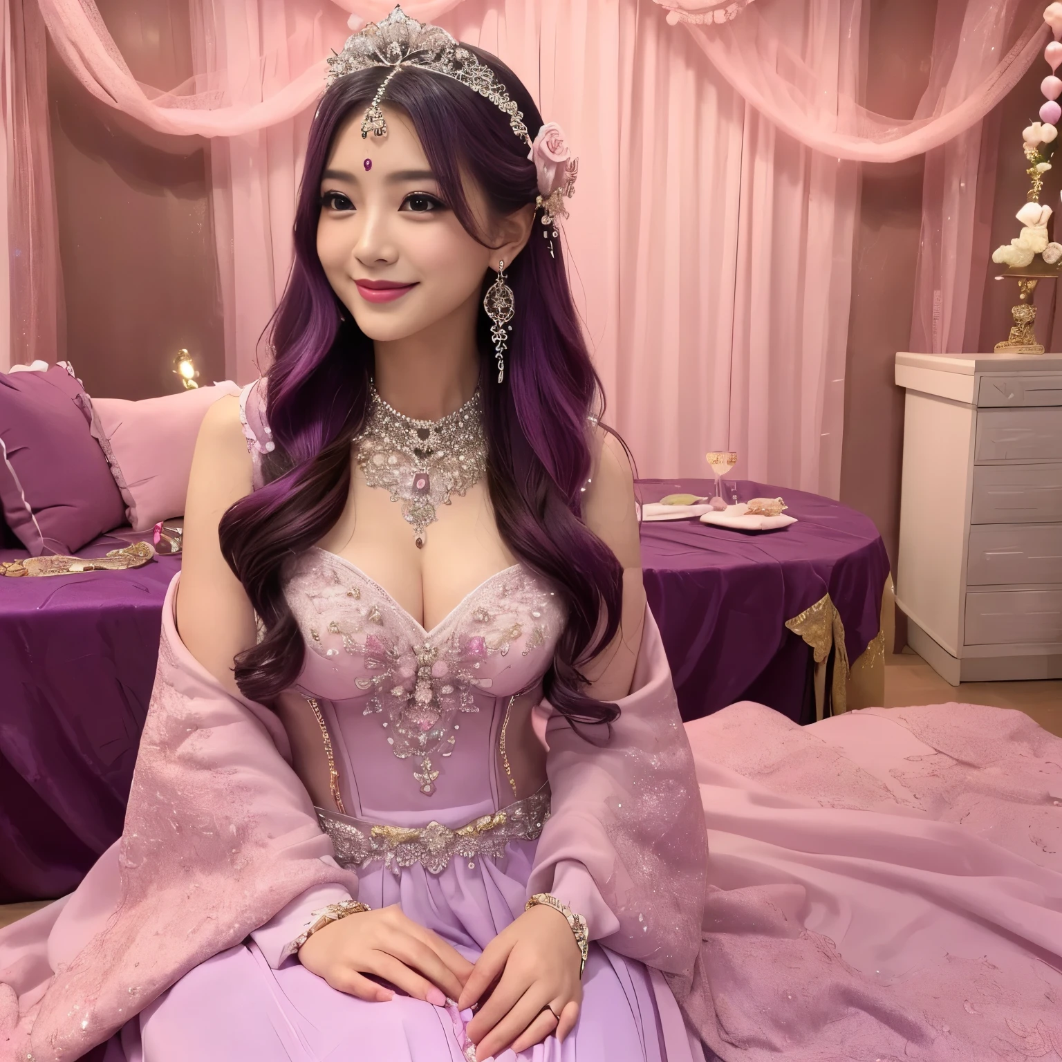 ((highest quality、muste piece、8k、best image quality、extremely complex and detailed depiction))、(Japan'the most gorgeous whore goddess:1.1)、((the most gorgeous whore goddessの巨大なウェディングドレス、wedding of the goddess of prostitution、prostitute goddess bride、The most vibrant and luxurious pink and purple bridal dresses、The unimaginably luxurious goddess room、Glittering purple and pink room、The most luxurious purple and pink room、purple and pink gems、A night spent in a glittering room decorated with lots of jewelry、very intricate decoration、A very transparent goddess room))、(look at me、bewitching smile、Perfect makeup、long eyelashes、lipstick、pink eyeshadow、perfect anatomy、the biggest smile)
