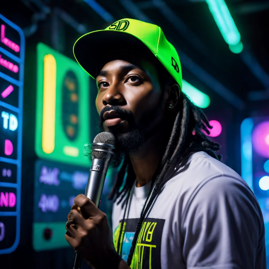 cinematic ((half body)) portrait photo of an afro american 30 y.o. trip-hop rap singer male with ((long)) black rasta hair and mustache and round beard ((speaking in a microphone)) in front of a (((futuristic circuit board tunnel, neon signs, neon lights, in perspective view))), wearing (baseball cap ((with text SD )): 1.32) and a (t-shirt ((with the words AUTOMATIC)): 1.32),RealHuman Hands,realistic perfect hands and fingers,(fix_hands),(( standing in various poses)), Award - winning photograph, Masterpiece, 8k, ultra high res, hyper detailed, perfect face, rule of thirds, Realistic Perfect eyes, Perfect pupils and iris, (perfectly round iris:1) perfect full lips, Perfect teeth, perfect upturned nose, highly detailed hair, ((detailed facial features)), (detailed skin), realistic skin texture, extreme skin details, (pores:0.1),(sweaty:0.8), insane details, intricate details, amazing fine detail, photorealistic, photograph, photorealism, rich colors, lifelike textures, neutral colors, Soft front light,cinematic lighting, dramatic lighting,dappled light on face, backlight on hair, sharp focus, wide angle, film grain, dslr, raw photo, photographed on Nikon