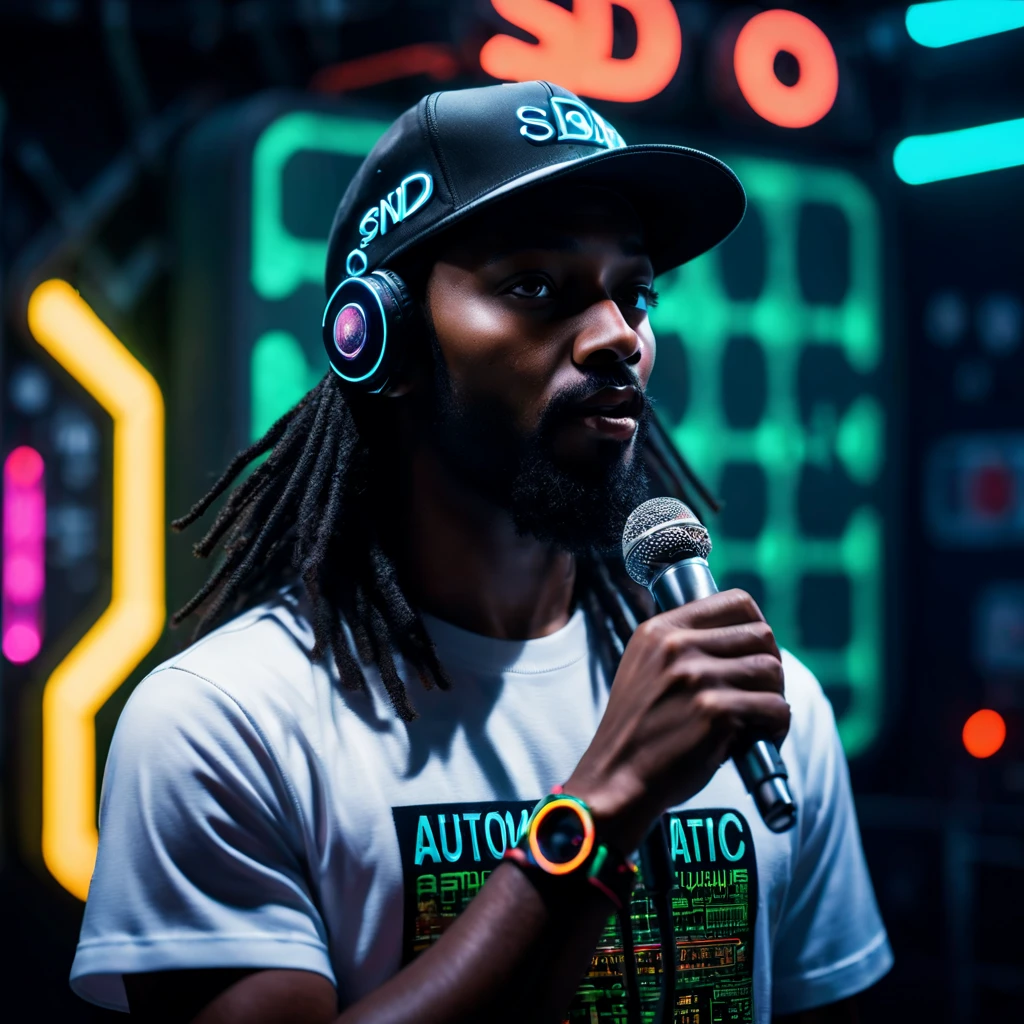 cinematic ((half body)) portrait photo of an afro american 30 y.o. trip-hop rap singer male with ((long)) black rasta hair and mustache and round beard ((speaking in a microphone)) in front of a (((futuristic circuit board tunnel, neon signs, neon lights, in perspective view))), wearing (baseball cap ((with text SD )): 1.32) and a (t-shirt ((with the words AUTOMATIC)): 1.32),RealHuman Hands,realistic perfect hands and fingers,(fix_hands),(( standing in various poses)), Award - winning photograph, Masterpiece, 8k, ultra high res, hyper detailed, perfect face, rule of thirds, Realistic Perfect eyes, Perfect pupils and iris, (perfectly round iris:1) perfect full lips, Perfect teeth, perfect upturned nose, highly detailed hair, ((detailed facial features)), (detailed skin), realistic skin texture, extreme skin details, (pores:0.1),(sweaty:0.8), insane details, intricate details, amazing fine detail, photorealistic, photograph, photorealism, rich colors, lifelike textures, neutral colors, Soft front light,cinematic lighting, dramatic lighting,dappled light on face, backlight on hair, sharp focus, wide angle, film grain, dslr, raw photo, photographed on Nikon