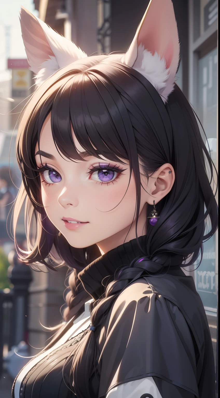 chica joven, cabello corto negro y morado, trenza corta, Orejas de conejo, ojos amarillos, purple lipstick, Gothic dress, senos abiertos, sonrisa, Obra maestra, alta calidad
