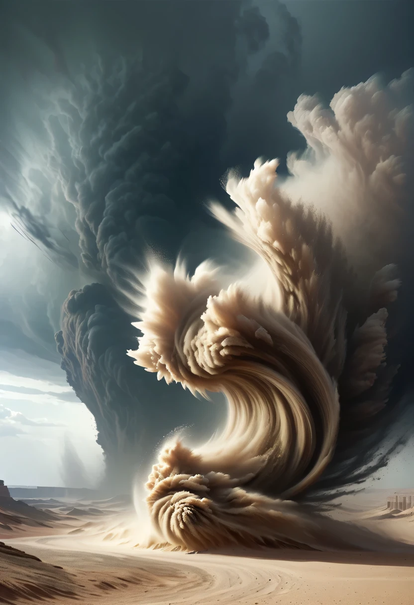 (desert canyon:1.5)，Ordos Desert Grand Canyon，sandstorm，龙卷wind，flying sand，wind暴，wind，飓wind，gloomy sky，abandoned mound，broken wall，old，wind化的，deserted，