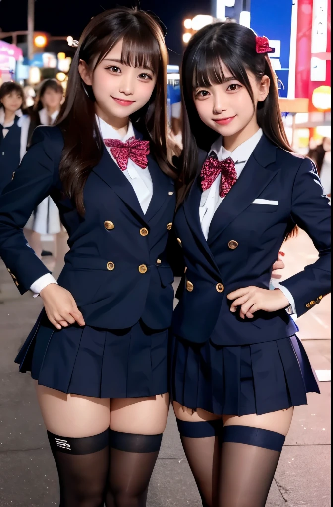 high angle shot、middle view、midnight，One in short skirt、Filipina Asian woman wearing bow tie standing on neon street、very cute schoolgirl、Japanese girls uniform、summer clothing、穿着Japanese school uniform、Japanese school uniform、a surreal schoolgirl、dress up like a schoolgirl、a surreal schoolgirl、wearing uniform、girl in uniform、wearing uniform、schoolgirl pose、Whole BodyEsbian、Skin is very good、sparkling skin、cute thighs、glowing thighs、Shiny leg brace knee socks、High heel、High-heeled sandals、防水台High heel、Japanese high school 、nogizaka idol、korean idol、invite you in、gaze、魅惑gaze