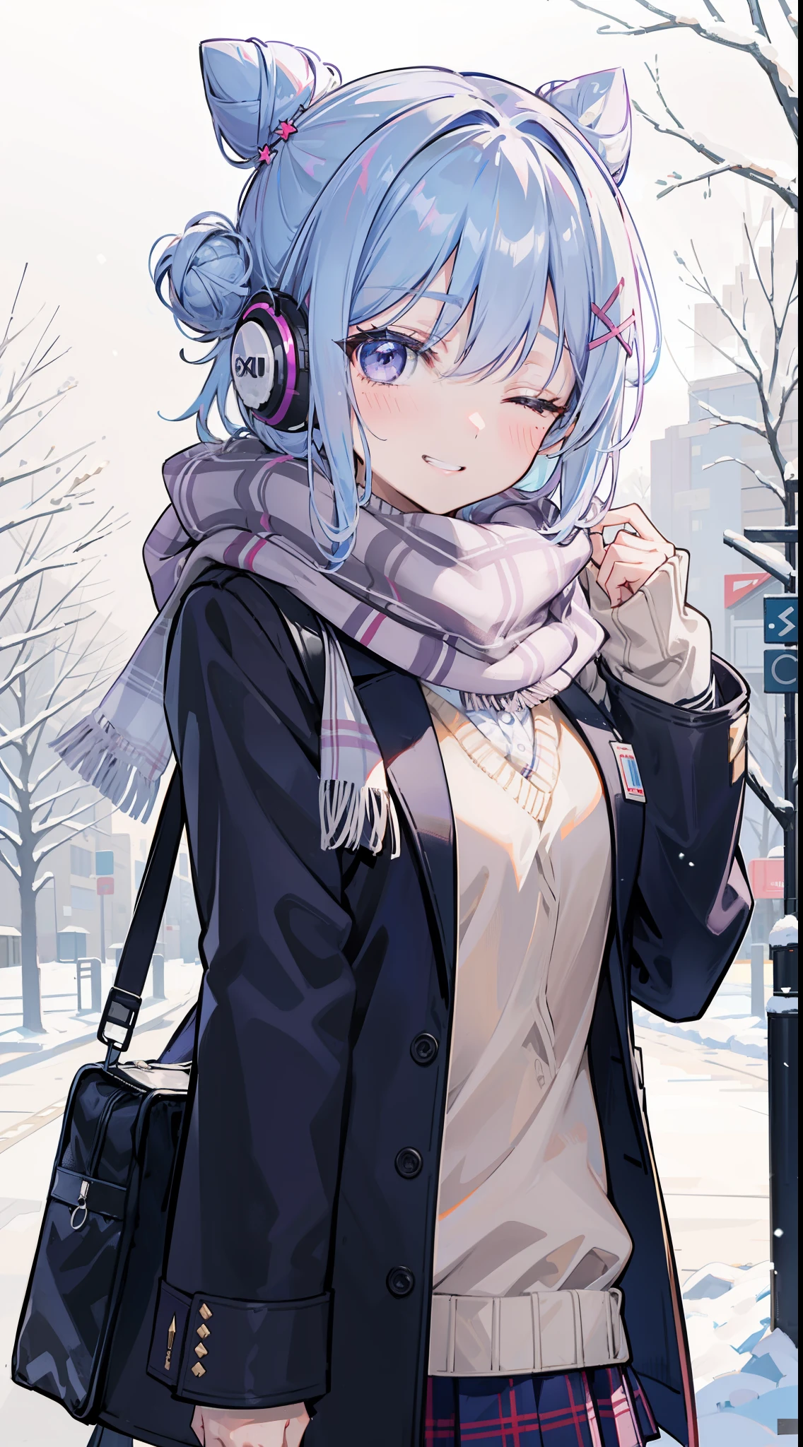 1girl, solo, breasts, looking at viewer, blush, smile, bangs, shirt, hair ornament, long sleeves, medium breasts, school uniform, blue hair, jacket, white shirt, upper body, outdoors, one eye closed, open clothes, teeth, day, hand up, bag, hair bun, scarf, grin, open jacket, tree, coat, sleeves past wrists, grey eyes, plaid, v, double bun, headphones, x hair ornament, snow, school bag, brown jacket, snowing, winter, fringe trim, plaid scarf, bare tree, purple scarf,