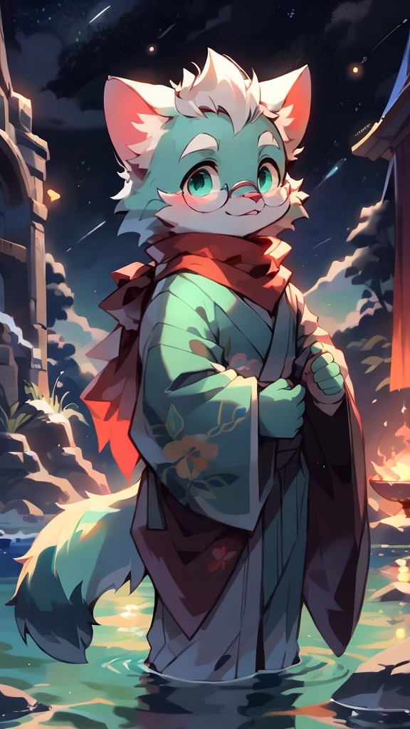 a portrait of a old, fully grown mature and aged male cat with big round circle glasses and a red scarf, The cat is very tall. bushy tail, and perked-up fluffy big ears, one ear is lowered. He is fully clothed, he wears a fluffy warm and cozy kimono, a handsome cat fursona with teal fur color, the chest has white fur, white fur around his mouth and cheeks, medium-length white hair, fluffy black cat ears, and a fluffy white neck. He is standing on water, He is looking up at the colorful starry sky, there are shooting stars, he is smilling, and in the background an incredibly detailed background, detailed eyes