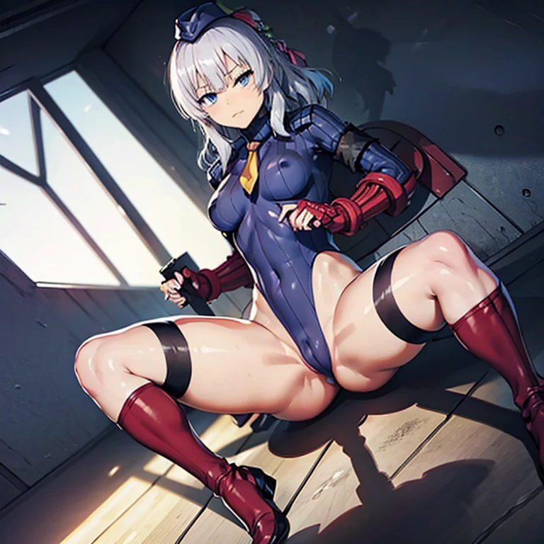 ultra-detailed, Explicit, Beautiful body, Beautiful Nose, Beautiful character design, perfect eyes, perfect face, ultra highres, 4K, beautiful legs, perfect legs, perfect anatomy, Nice hands, Perfect hand, Masterpiece, Best Quality, Highly detailed, illustration, absurdres, street fighter, doll suit, shadaloo doll, dollsuit, expressionless, blank eyes, looking at viewer, red gloves, emotionless, black latex, corrution, mind control, female combatant, full body, hypnotized, unhappy trance, full body suit, ribbed bodysuit, both arms at side, obey, perfect female body, extremely glossy latex, hypnosis, hypnoLora, empty eyes, Mind control device, poses, submissive_pose, Slave, hat, necktie, sitting up straight, sitting, sitting at attention, hat, necktie, belt, latex, ribbed bodysuit, thighhighs, garter belt, Fighting Stance, military, thigh boots, 1girl, solo, military, Sakayanagi Arisu, Classroom of the Elite, staff, white hair, blue eyes, medium hair, braids, hair ornaments