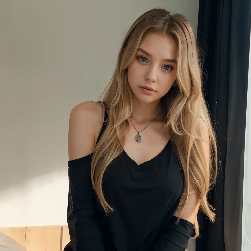 1girl in, 19, Solo, blondehair、highlights hair、Long hair, Looking at Viewer,  Bare shoulders, Eyes are blue, jewely, Full body, a necklace, Black V-neck long-sleeved T-shirt、Realistic, A sexy