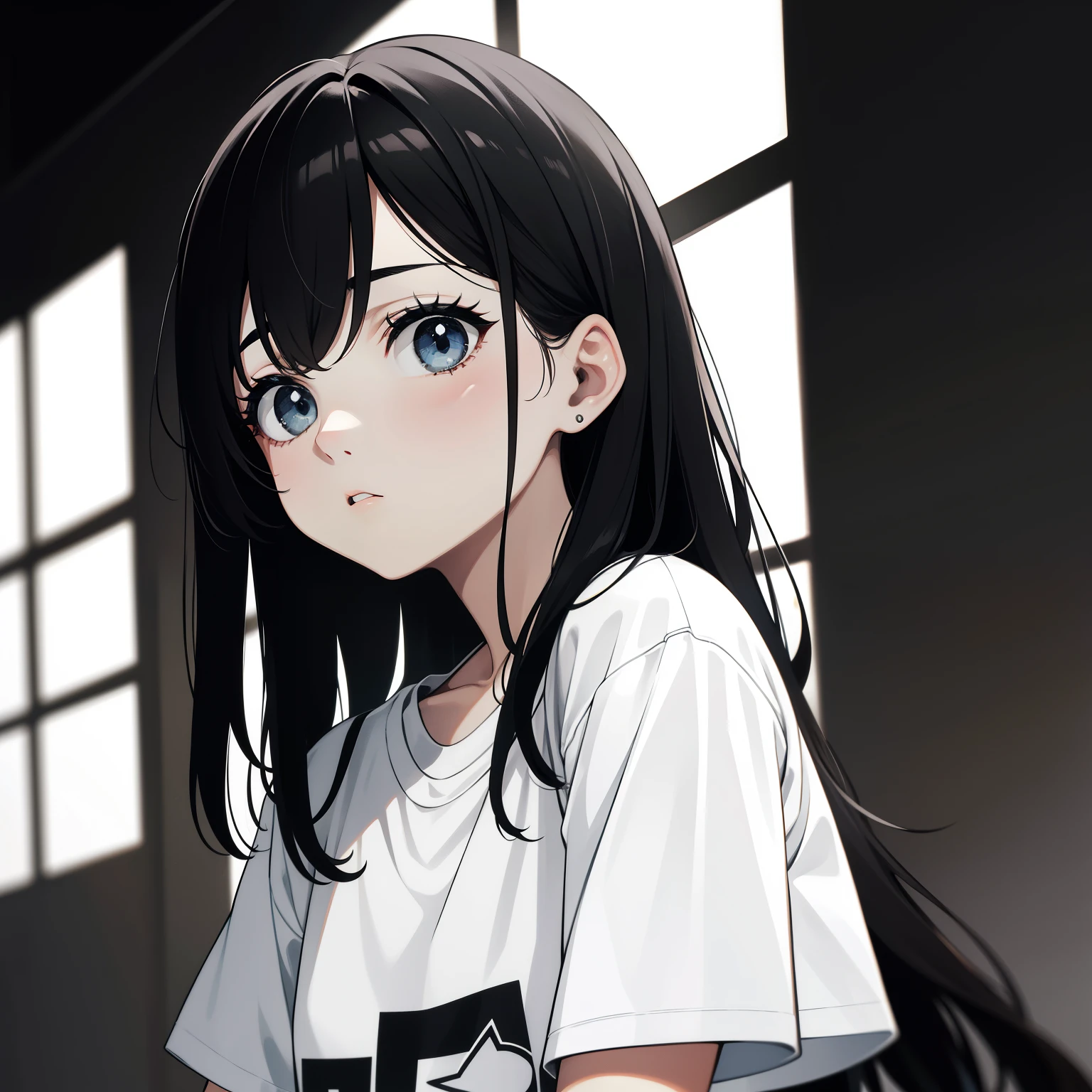 young girl, Long black hair, blue eyes, white tshirt, Masterpiece, hiquality
