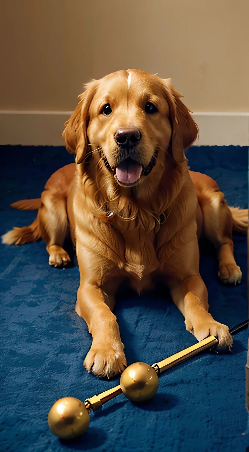create a golden retriever in caramel color with its blue ball