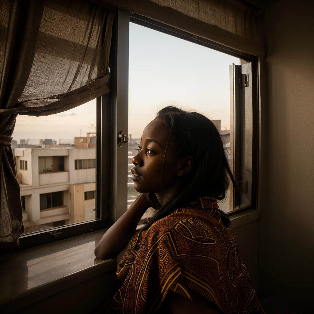 One jung african girl looks out the window, she has long black hair, africa, atmospharic sight, cinematic lights, movielook, ((high quality)), ((best quality)), ((realistic)),