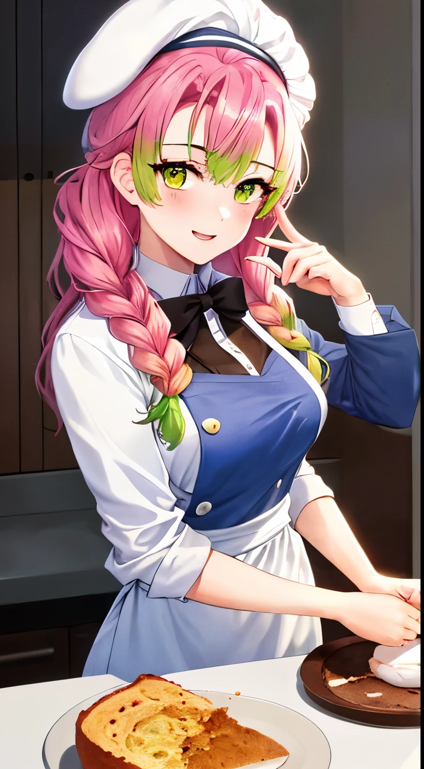 Masseter muscle part, highest quality, ultra high resolution, highest quality, anime style, best lighting, beautiful face, masterpiece, 8K, High level image quality, High pixel count, 1 female, 1 girl,alone, pink and green gradation hair, yellow eyes, big smile, Full body Esbian, (Centered on the face:1.1), facing the front, Kitchen background, upper body, (small breasts:1.1), (chef:1.3), Making a cake, (beret chef hat:1.3)