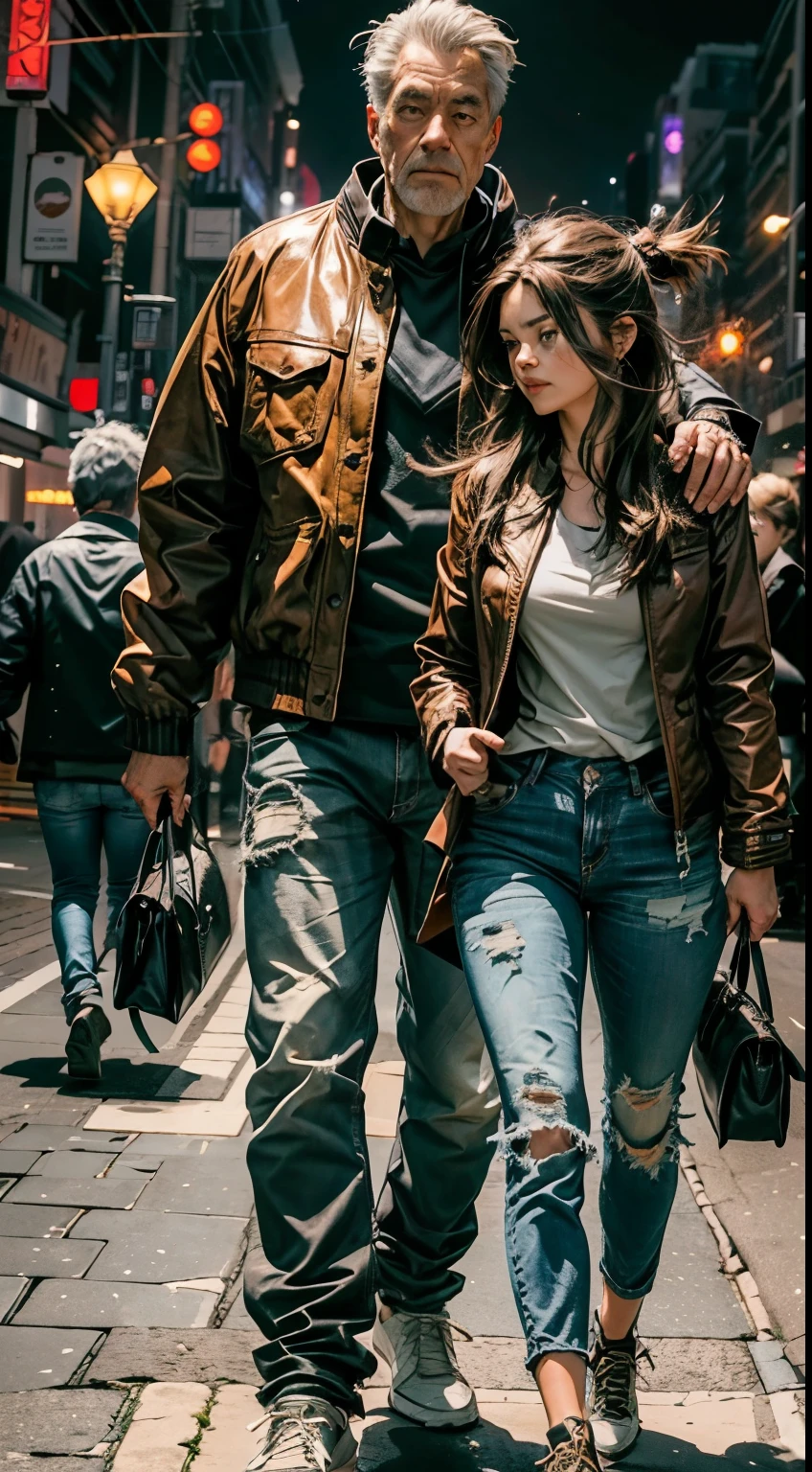 couple, full body, low view, handsome older man, athletic build, jacket and jeans, with his younger girlfriend, long brown hair, jeans, walking in the city at night.