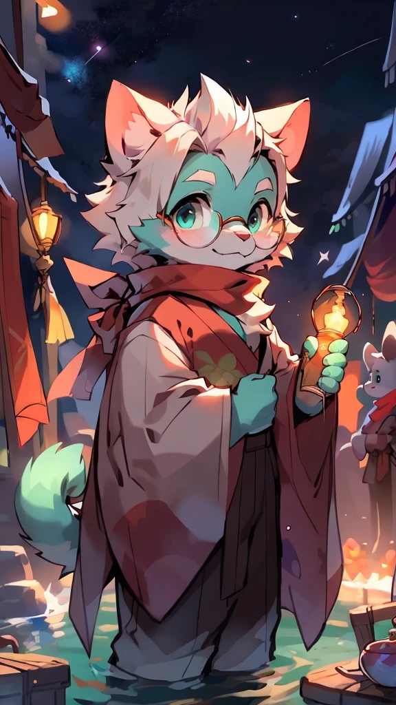 a portrait of a old, fully grown mature and aged male cat with big round circle glasses and a red scarf, The cat is very tall. bushy tail, and perked-up fluffy big ears, one ear is lowered. He is fully clothed, he wears a fluffy warm and cozy kimono, a handsome cat fursona with teal fur color, the chest has white fur, white fur around his mouth and cheeks, medium-length white hair, fluffy black cat ears, and a fluffy white neck. He is standing on water, He is looking up at the colorful starry sky, there are shooting stars, he is smilling,he is hold a lantern in his hand, and in the background an incredibly detailed background, detailed eyes