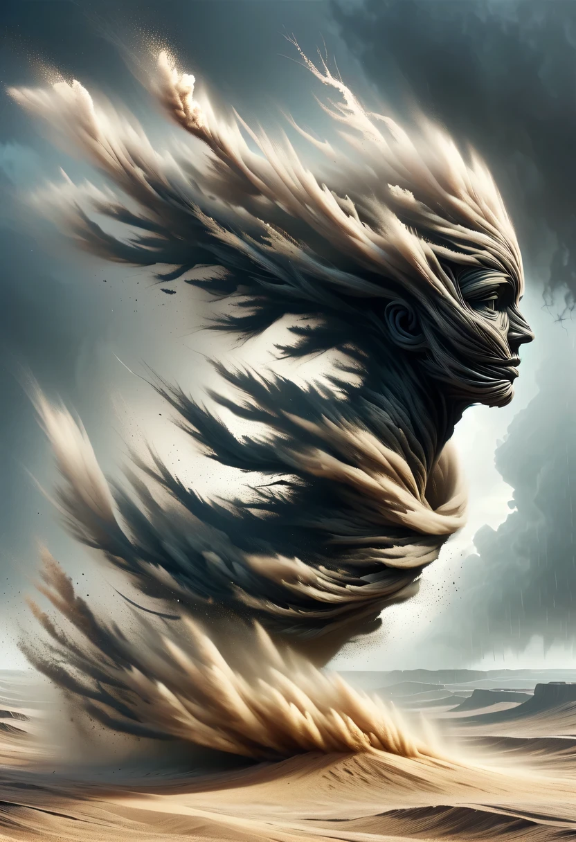 (desert canyon:1.5)，Ordos Desert Grand Canyon，sandstorm，龙卷wind，flying sand，wind暴，wind，飓wind，gloomy sky，abandoned mound，broken wall，old，wind化的，deserted，

