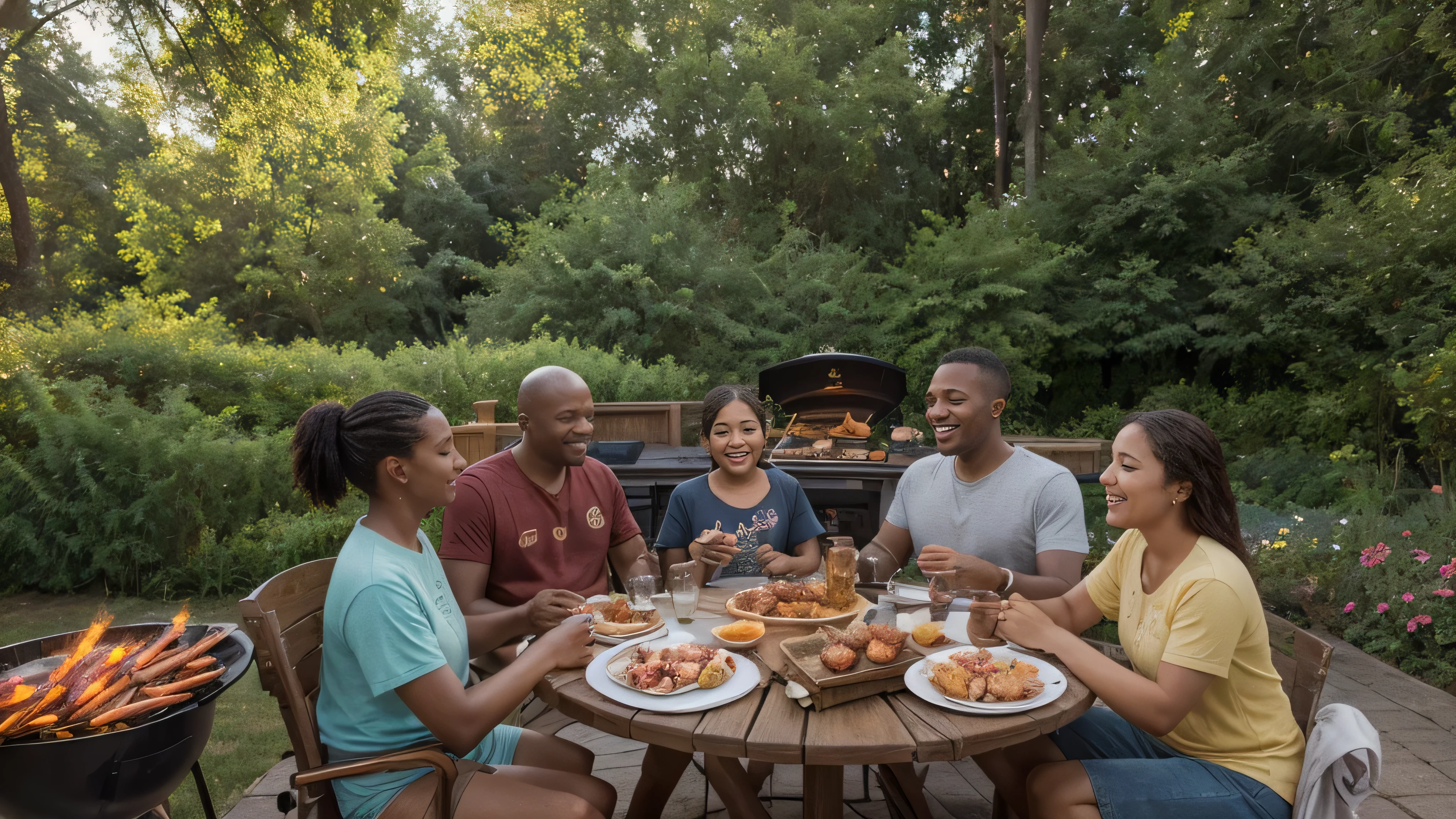 Generate an artificial intelligence image that depicts a family enjoying a barbecue with realistic quality. Highlight details like authentic facial expressions, the smoke from the barbecue, the textures of the food and the relaxed atmosphere of the moment. Prioritize visual quality to create an engaging and natural representation of the joy and unity around a family barbecue