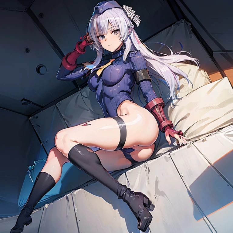 ultra-detailed, Explicit, Beautiful body, Beautiful Nose, Beautiful character design, perfect eyes, perfect face, ultra highres, 4K, beautiful legs, perfect legs, perfect anatomy, Nice hands, Perfect hand, Masterpiece, Best Quality, Highly detailed, illustration, absurdres, street fighter, doll suit, shadaloo doll, dollsuit, expressionless, blank eyes, looking at viewer, red gloves, emotionless, black latex, corrution, mind control, female combatant, full body, hypnotized, unhappy trance, full body suit, ribbed bodysuit, both arms at side, obey, perfect female body, extremely glossy latex, hypnosis, hypnoLora, empty eyes, Mind control device, poses, submissive_pose, Slave, hat, necktie, lying down straight, lying down, lying donw at attention, hat, necktie, belt, latex, ribbed bodysuit, thighhighs, garter belt, Fighting Stance, military, thigh boots, 1girl, solo, military, Sakayanagi Arisu, Classroom of the Elite, staff, white hair, blue eyes, medium hair, braids, hair ornaments