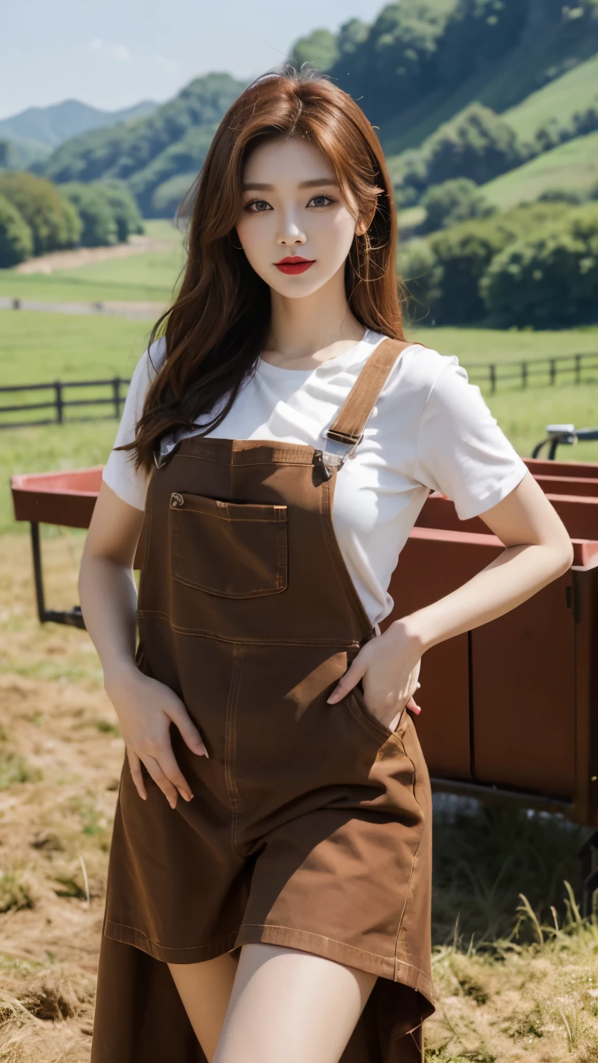 Beautiful girl, Korean makeup, Red lips, medium body, medium chest, reddish brown hair, femoral, overalls and apron outfit, Cow farm landscape, Byre, cows around,