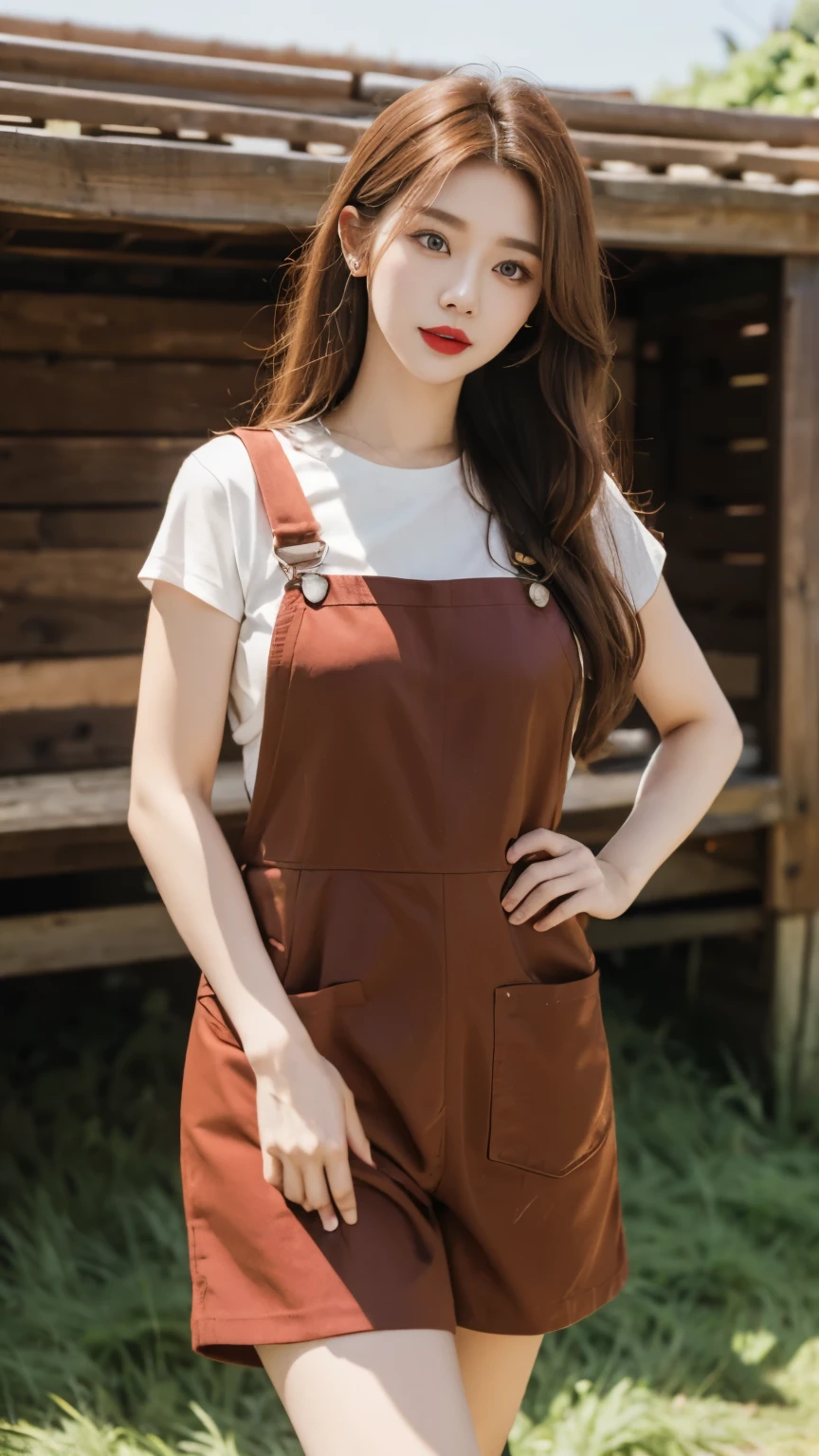 Beautiful girl, Korean makeup, Red lips, medium body, medium chest, reddish brown hair, femoral, overalls and apron outfit, Cow farm landscape, Byre, cows around,
