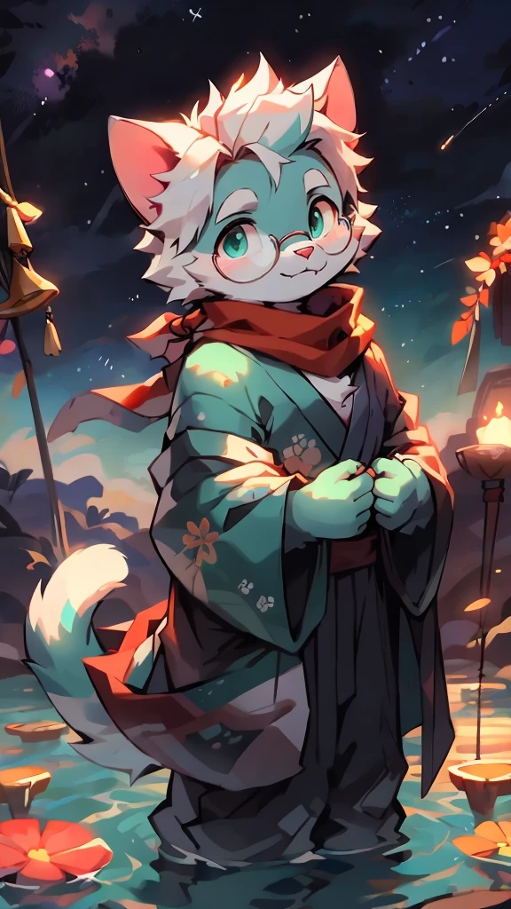 a portrait of a old, fully grown mature and aged  male cat with big round circle glasses and a red scarf, The cat is very tall. bushy tail, and perked-up fluffy big ears, one ear is lowered. He is fully clothed, he wears a fluffy warm and cozy kimono, a handsome cat fursona with teal fur color, the chest has white fur, white fur around his mouth and cheeks, medium-length white hair, fluffy black cat ears, and a fluffy white neck.  He is standing on water, He is looking up at the colorful starry sky, there are shooting stars, he is smilling, and in the background  an incredibly detailed background, detailed eyes