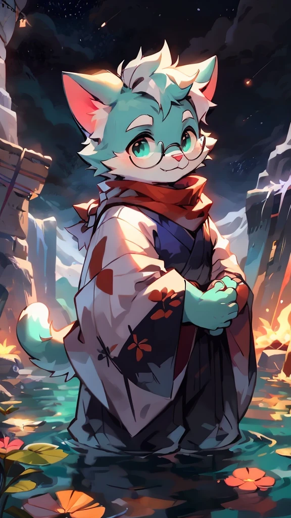 a portrait of a old, fully grown mature and aged male cat with big round circle glasses and a red scarf, The cat is very tall. bushy tail, and perked-up fluffy big ears, one ear is lowered. He is fully clothed, he wears a fluffy warm and cozy kimono, a handsome cat fursona with teal fur color, the chest has white fur, white fur around his mouth and cheeks, medium-length white hair, fluffy black cat ears, and a fluffy white neck. He is standing on water, He is looking up at the colorful starry sky, there are shooting stars, he is smilling, and in the background an incredibly detailed background, detailed eyes