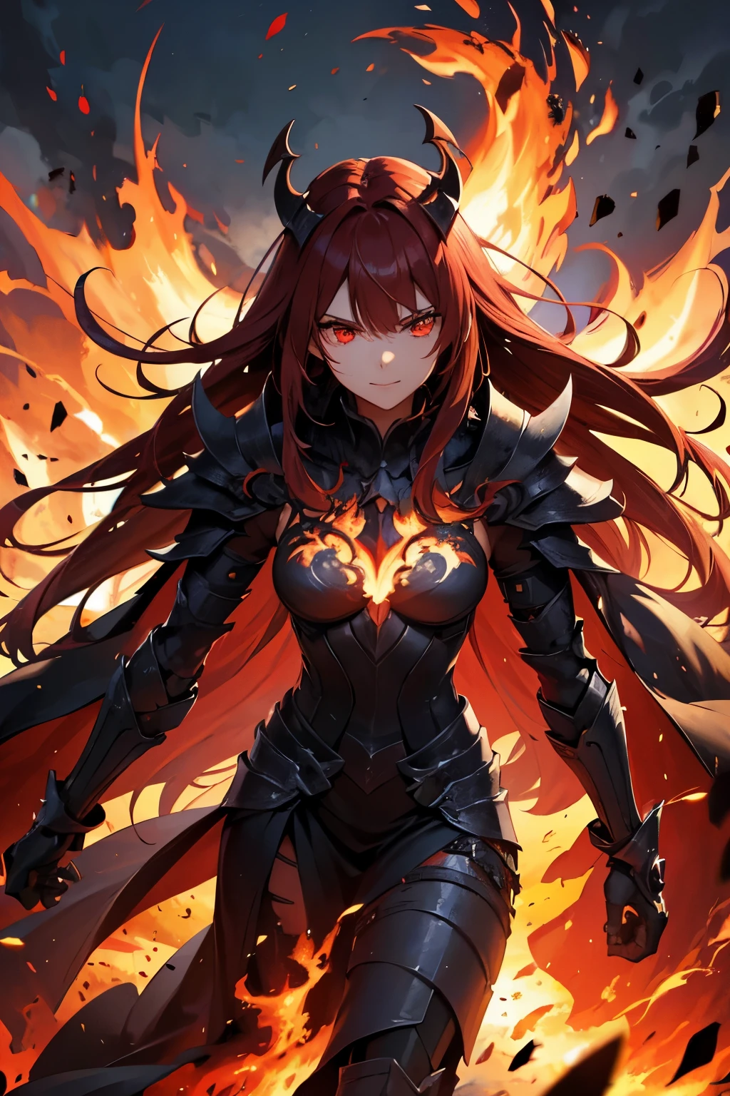 (high quality, detailed, realistic:1.2), demonic general, black flames armor, intense gaze, powerful presence, battlefield scene, glowing red eyes, menacing smile, flowing fiery hair, intricate armor design, smoky tendrils emerging from armor, dark and ominous atmosphere, dynamic and action-packed composition, epic battle between good and evil, sparks and embers flying, dramatic lighting, war-torn landscape with ruins and destruction, billowing smoke and ash, energetic brush strokes, vibrant colors with emphasis on red and black, dark and fiery color palette.