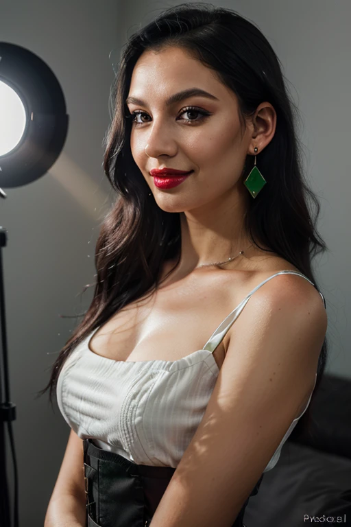 (8k, RAW photo, best quality, masterpiece: 1.2, realistic, photorealistic: 1.37, professional lighting, intricate details, high quality), age 23 years old, ((long straight black hair)), perfect mouth, perfect eyes and shiny, thin eyelashes, green eyes, perfect hand, perfect fingers, perfect nails, professional makeup, earrings, lipstick, beautiful detailed illuminated face, ((height 1.60 cm, weight 60 kg, bust 62 cm, waist 63 cm, hips 86 cm)), smiling, sideways, profile