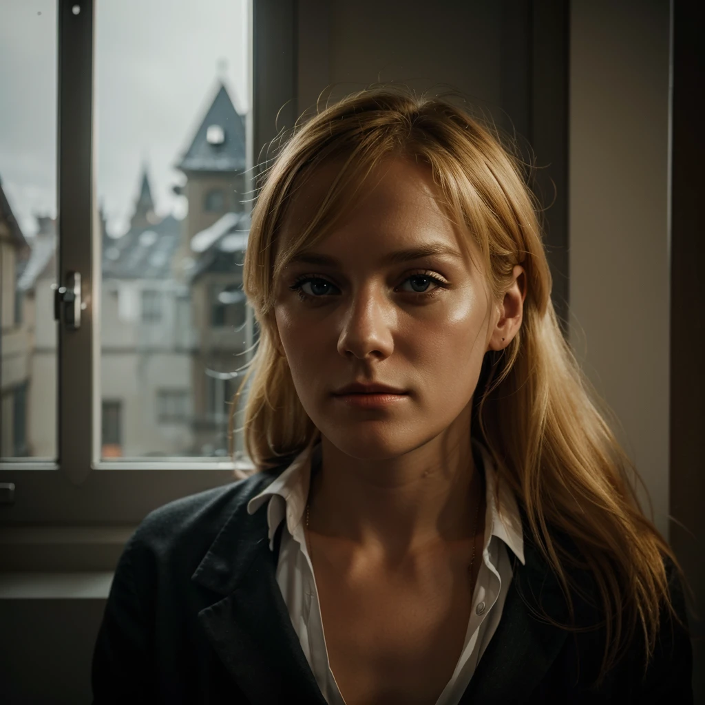 One jung german man looks out the window, she has blond hair, german, atmospharic sight, cinematic lights, movielook, candelight ((high quality)), ((best quality)), ((realistic)),