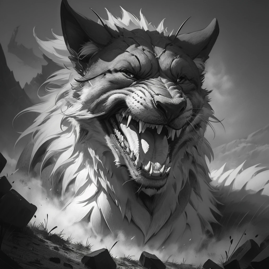 (coal risks), (thick pencil), (strong trait), ("Cave Canem"), An illustration of a mythological beast with scary eyes, drooling from the tongue and showing bloody teeth, boca aberta, The dog has long hair. Pano de fundo obscuro, rabiscado, em folha de papel antiga. Monochromatic color scale, Graphite pencil drawing with thick tip, coal lines, monochrome. 
