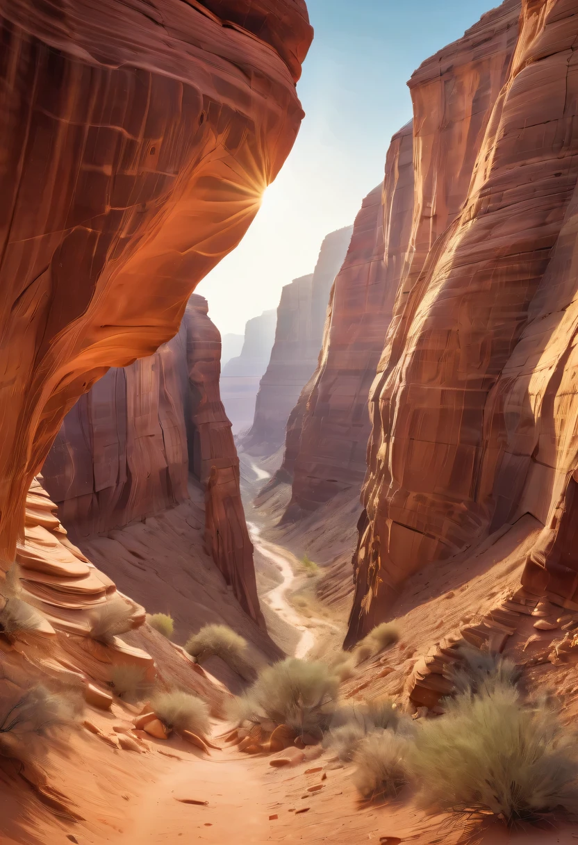 vast desert canyon,dramatic scenery,red sandstone formation,huge rock cliff,dry、arid environment,harsh desert sun,stunning scenery,colorful rock formations,deep and narrow ravine,peace and solitude,unforgiving terrain,native flora and fauna