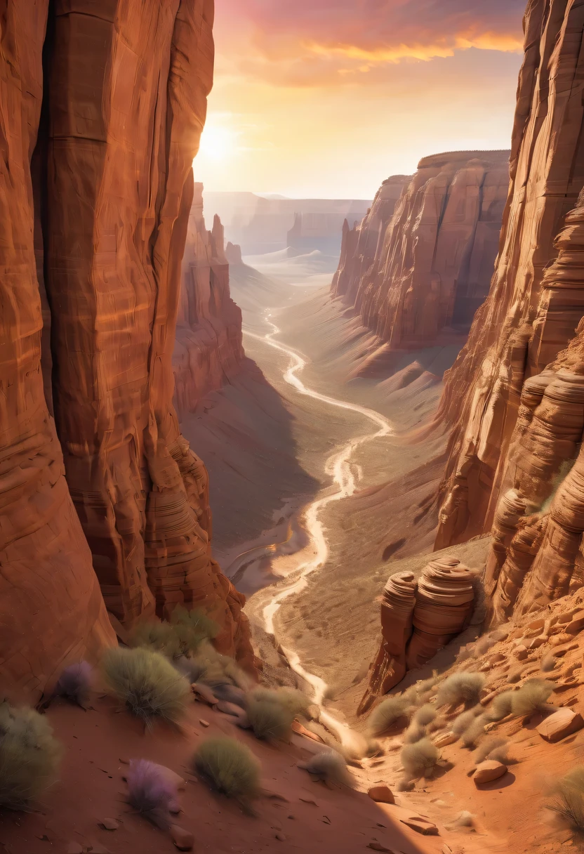 vast desert canyon,dramatic scenery,red sandstone formation,huge rock cliff,dry、arid environment,harsh desert sun,stunning scenery,colorful rock formations,deep and narrow ravine,peace and solitude,unforgiving terrain,native flora and fauna