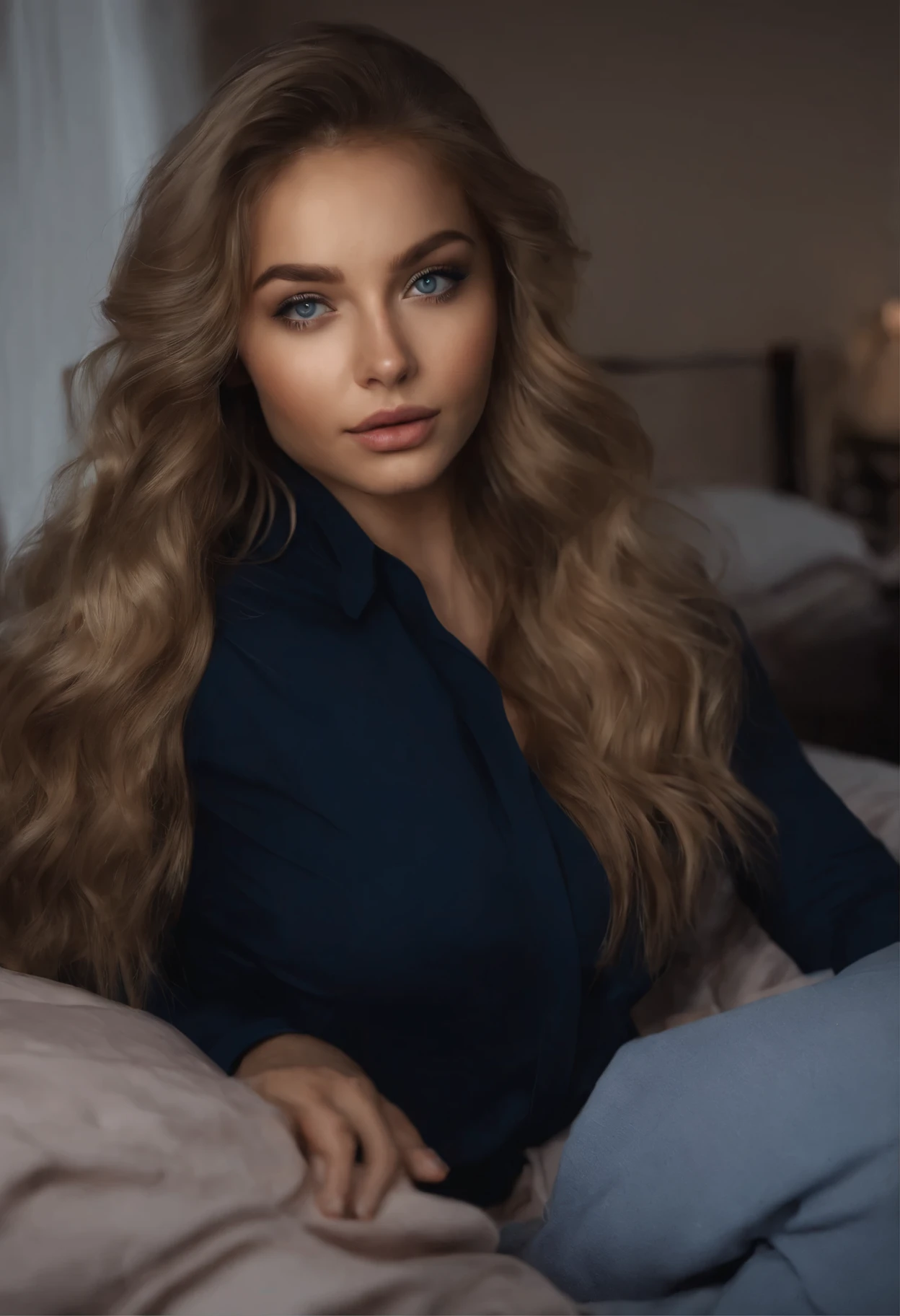 arafed woman fully , with blue eyes, ultra realistic, meticulously detailed, portrait sophie mudd, blonde hair and large eyes, selfie of a young woman, bedroom eyes, violet myers, without makeup, natural makeup, looking directly at the camera, face with artgram, subtle makeup, stunning full body shot kneeling on bed, in bedroom, medium to large size bust