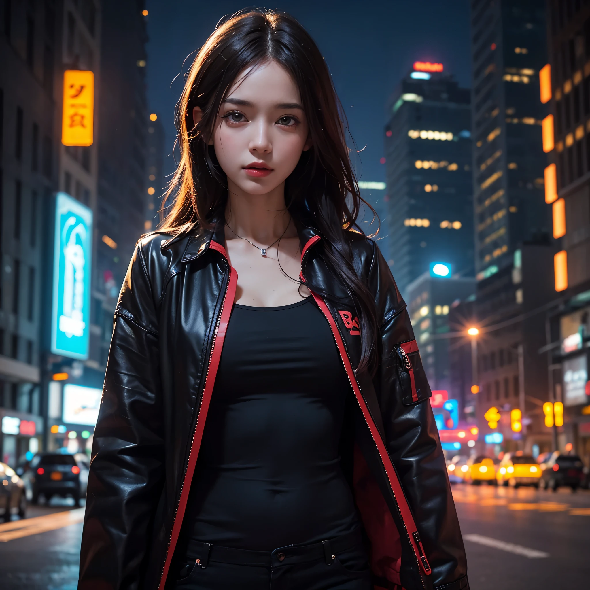 (Best quality, 8k, 32k, Masterpiece, UHD:1.2),(Raw photography:1.2),(Photorealistic:1.4),(masterpiece:1.3)
Highly detailed facial and skin texture, dutch angle portrait, 1girl, a woman in a cyberpunk style city background, night time. The environment is dark, with lighting that highlights the shadows. Buildings and distant lights are obscured by the night, producing trails of colorful and vibrant lights in the background. The camera is positioned at a dynamic angle, as if it were a film shot, giving a sense of action and suspense.