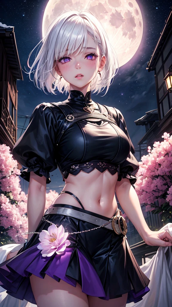 realistic, 1girl, white hair, purple eyes, glowing eyes, crop top, skirt, parted lips, blush, night, flowers, moon, moonlight