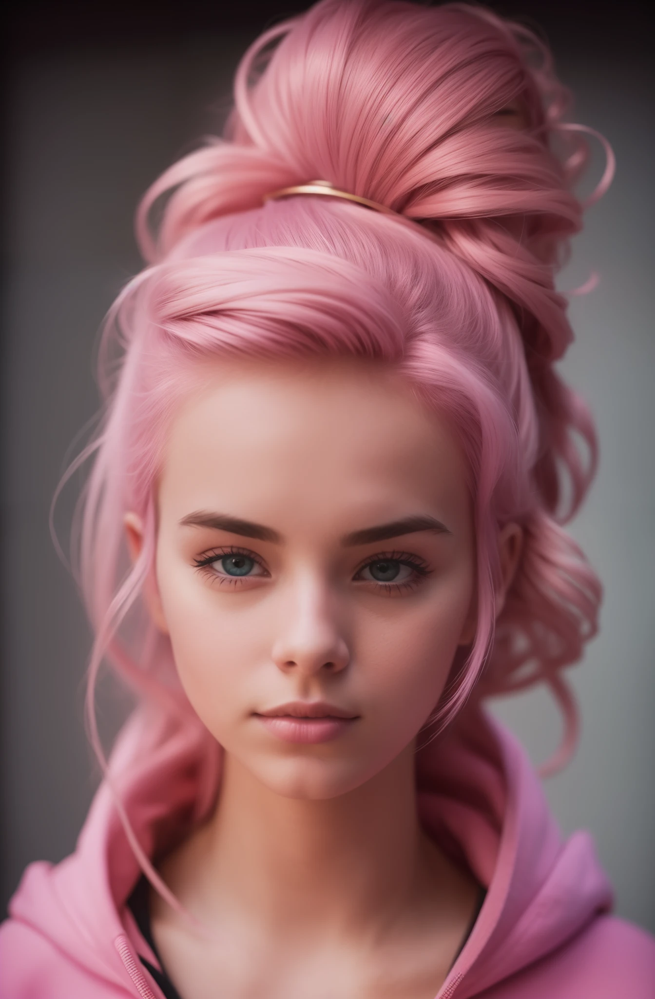 (photo of 20 yo woman, wearing hoodie, looking at viewer, pink hair, solo, upper body, at DisneyLand Paris, town, alley) (standing:1.2) (dim lit room:1.4) POV, by lee jeffries, nikon d850, film stock photograph ,4 kodak portra 400 ,camera f1.6 lens ,rich colors ,hyper realistic ,lifelike texture, dramatic lighting , cinestill 800,