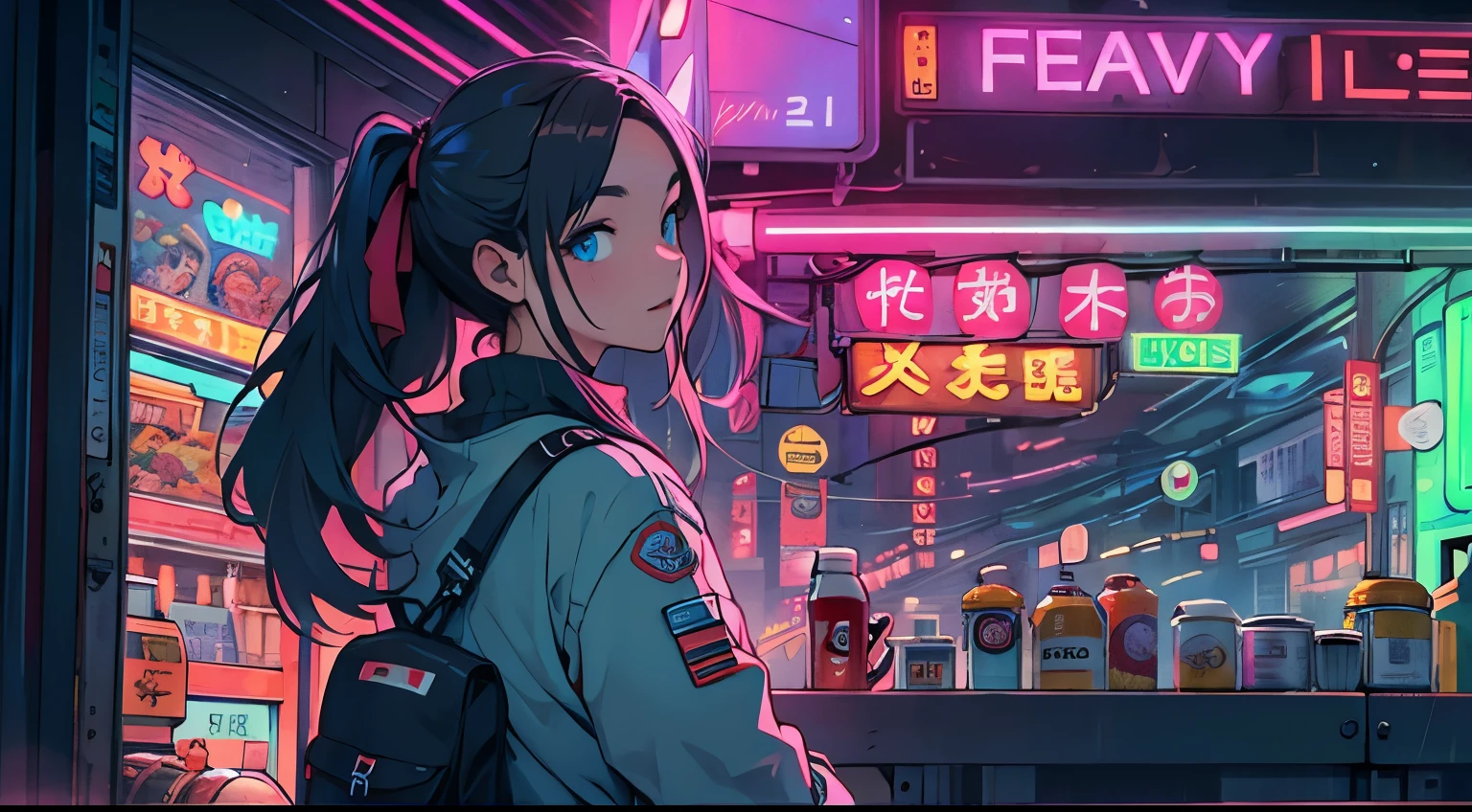 cute single girl in neon city