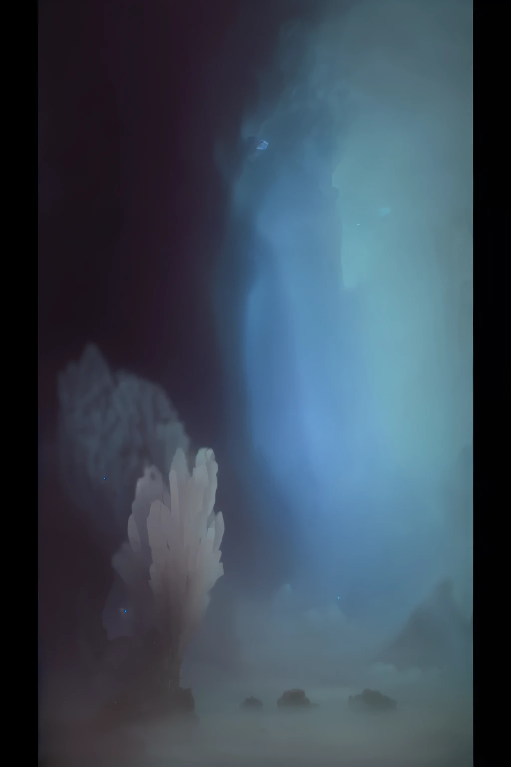 there is a large rock that is sitting on the ground, underwater smoke, underwater explosion, underwater in the ocean at night, deep sea picture, very deep sea, pov camera looking into the maw, an underwater alien ocean, underwater crystals, underwater looking up, deep under water, underwater psychedelic smoke, swimming deep underwater, a dark underwater scene, volumetric underwater lighting